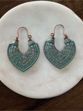 Turquoise Patina Filigree Heart Drop Earrings - Women Jewelry